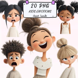 Può includere: Un pacchetto di clipart digitali con 20 immagini PNG di bambini che esprimono varie emozioni. Le illustrazioni mostrano diverse tonalità della pelle e acconciature, con espressioni che vanno dalla gioia alla tristezza. Il testo "20 PNG KIDS EMOTIONS clipart bundle" è visibile.