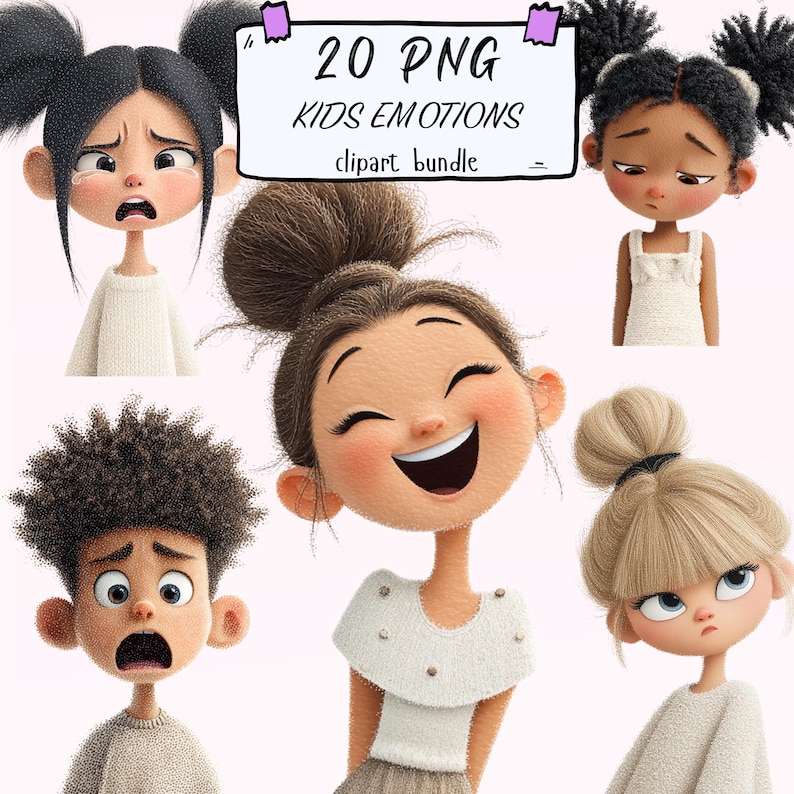 May include: A digital clipart bundle with 20 PNG images of children displaying different emotions. The illustrations show diverse skin tones and hairstyles, with expressions from happiness to sadness. The text "20 PNG KIDS EMOTIONS clipart bundle" is visible.