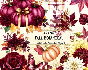 Watercolor Autumn Clipart: Burgundy Floral Pumpkins & Leaves (PNG Files, Digital Download)
