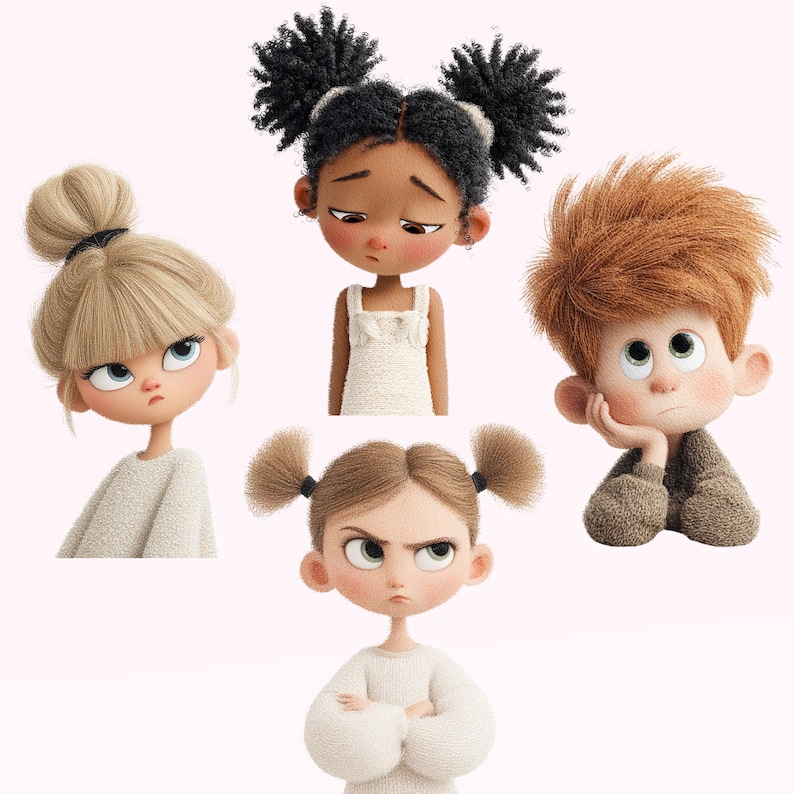 May include: Four cartoon figures with emotive faces. A blonde girl with a bun and a stern expression, a Black girl with afro puffs looking sad, a red-haired boy with a thoughtful look, and a girl with pigtails looking angry.
