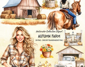 Rustikt höstbondgårdspaket: Pumpafält Clipart, akvarelldjur, mysig skördegrafik