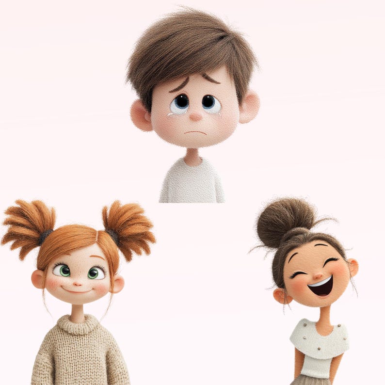 May include: Three cartoon characters with different expressions. A boy with a sad face and tears is at the top. A girl with pigtails and a smile is on the bottom left. A girl with a bun and a big smile is on the bottom right.