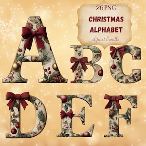 Può includere: Lettere decorative dell'alfabeto natalizio A-F. Ogni lettera è adornata da un fiocco bordeaux e da un motivo festivo di verde, bacche e ornamenti. Un cartello recita "26 PNG Christmas Alphabet clipart bundle".