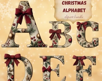 ヴィンテージ クリスマス アルファベット クリップアート: ホリデー イニシャル (PNG デジタル ダウンロード)