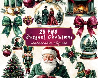 Watercolor Christmas Clipart Luxury Burgundy Green Gold Holiday PNG  Elegant Vintage Festive Illustrations | Commercial Use Clipart