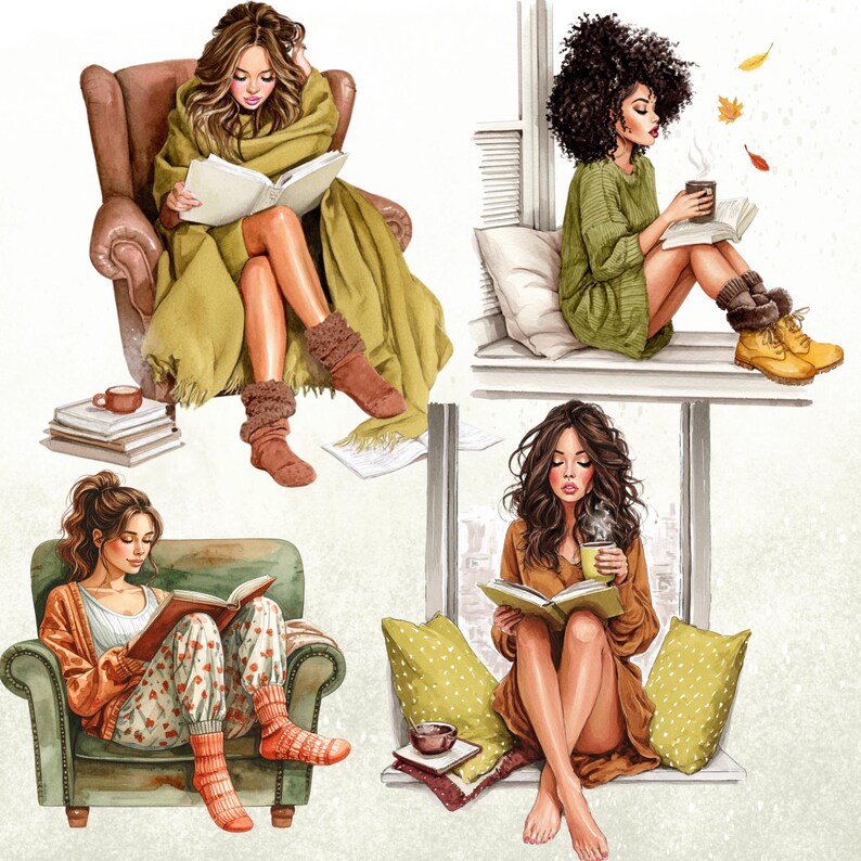 May include: Watercolor illustration of four women reading. One is wrapped in a green blanket, another sits on a windowsill with a cup, and the others are in armchairs. The image has a cozy, autumnal theme.