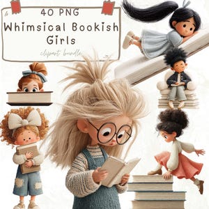 Whimsical Bookish Girls Clipart - Reading Girl Illustrations, Book Lover PNG Se, Printable Kids Clipart