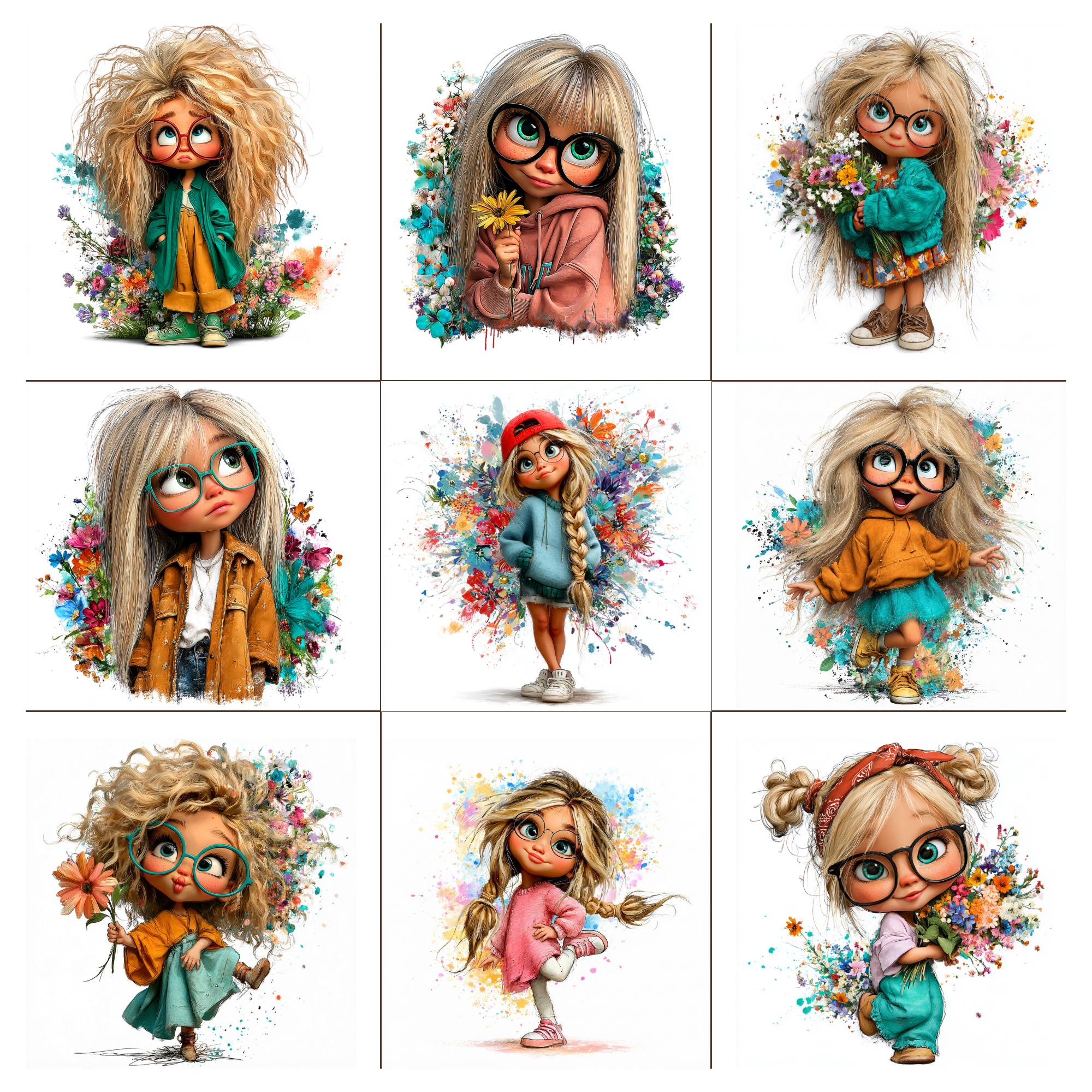 Quirky Girl Clipart: Watercolor Funny Flower Blonde Girl, 24 JPG, White ...
