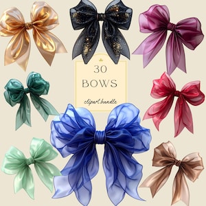 May include: An assortment of 30 bows in shades of gold, black, purple, green, red, blue, and brown. The bows have a delicate, flowing design. The text "30 BOWS clipart bundle" is displayed on a cream-coloured background.
