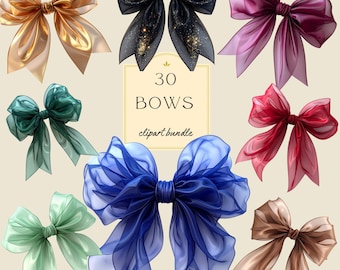 Elegant Ribbon Bows Clipart: 30 Semi-Transparent PNGs (Digital Download)