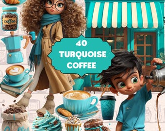Whimsical Coffee Shop Clipart Bundle – Café Elements and Characters, Turquoise PNG Digital Download, Commercial Use