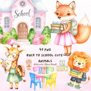 Back to School Clipart Cute Animals | Watercolor School Animals, Supplies Clip Art, Nursery Toddlers Learning Stationery, Commercial Use