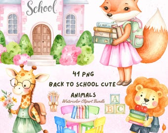 Watercolor School Animals Clipart: Back to School Graphics (Digital Download)