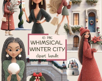 気まぐれな冬の街のクリップアート - クリスマスの風景、ホリデーカード（デジタルダウンロード）