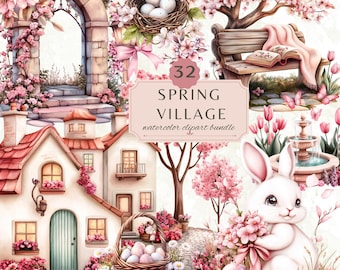Watercolor Spring Village Clipart Set : Pastel Easter Cottages, Spring Scene PNG | Commercial Use