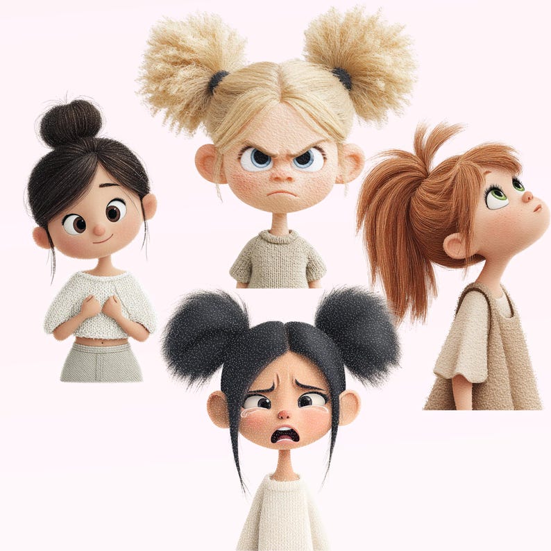 May include: Digital illustration of five cartoon girls with different hairstyles and expressions. One girl has a bun, another has pigtails, and others have ponytails. The girls wear neutral-coloured sweaters and tops, with a light pink background.