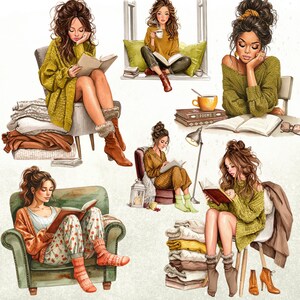 May include: Watercolor illustrations of women reading books in cozy settings. The women are wearing sweaters and boots, and are surrounded by books, blankets, and cups of coffee. The color palette includes warm tones of brown, green, and yellow.