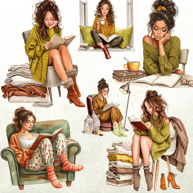 May include: Watercolor illustrations of women reading books in cozy settings. The women are wearing sweaters and boots, and are surrounded by books, blankets, and cups of coffee. The color palette includes warm tones of brown, green, and yellow.