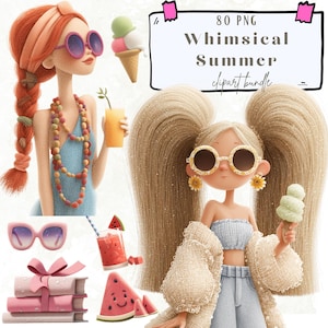 Puede incluir: Ilustración digital de un paquete de imágenes prediseñadas "Whimsical Summer". La imagen presenta dos mujeres de dibujos animados con gafas de sol, helado y sandía. Otros elementos incluyen gafas de sol, libros y una bebida. También está presente el texto "80 PNG Whimsical Summer clipart bundle".