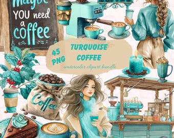 Turquoise Coffee Clipart: Watercolor Cafe PNG, Commercial Use (Digital Download)