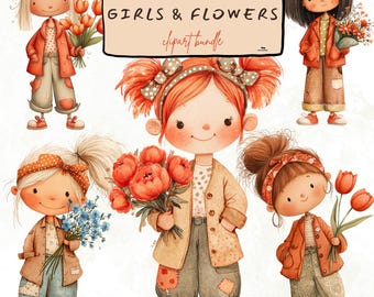 Flowers and Girl Clipart – Whimsical Girls and Flower Illustrations for Stickers, Scrapbook & Nursery Decor