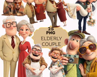 Elderly Couple Clipart PNG | Whimsical Grandparents, Old Love (Commercial Use)