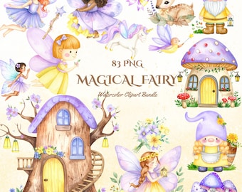 妖精のクリップアートバースデーバンドル：水彩ファンタジーイラスト（PNGセット、商用利用可能）