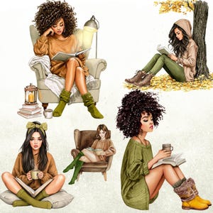 May include: Watercolor illustrations of women reading books in various settings. One woman sits in a chair with a lamp, another leans against a tree, and others are seated on pillows or chairs. The women are wearing sweaters and boots.