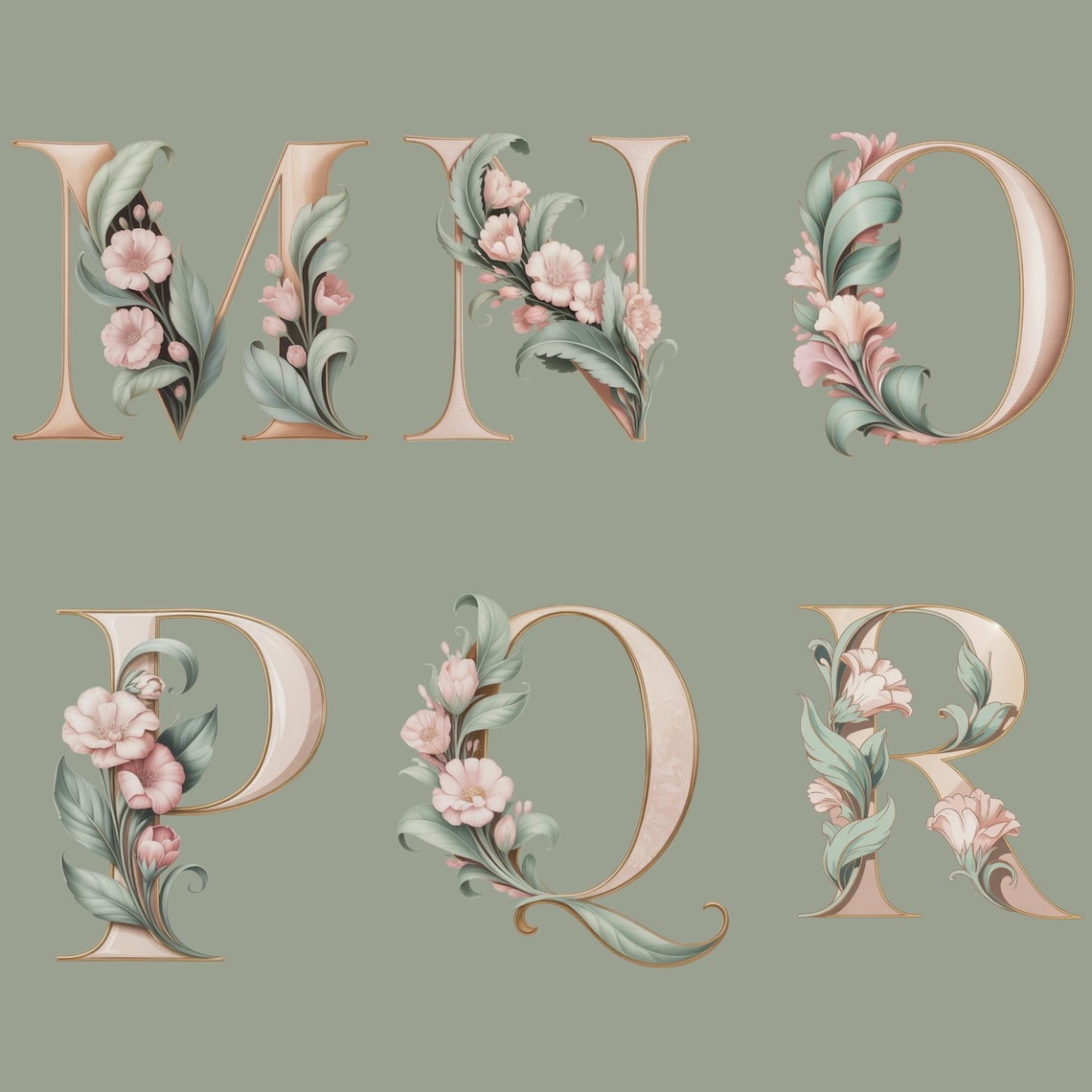 Illuminated Floral Alphabet Clipart: Elegant Gold and Pastel Pink ...