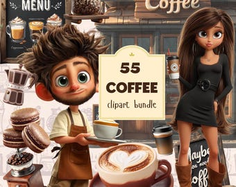 Whimsical Coffee Shop Clipart Bundle – Café Elements, Characters, Drinks and Treats, PNG Digital Download, Commercial Use