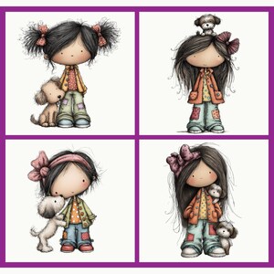 Puede incluir: Cuatro paneles de ilustraciones caprichosas con ni&ntilde;as y perros. Cada ni&ntilde;a lleva una chaqueta, una camisa de lunares y vaqueros con parches. Los perros son peque&ntilde;os y cari&ntilde;osos. Las ni&ntilde;as tienen el pelo oscuro y ojos grandes, con lazos en el pelo.