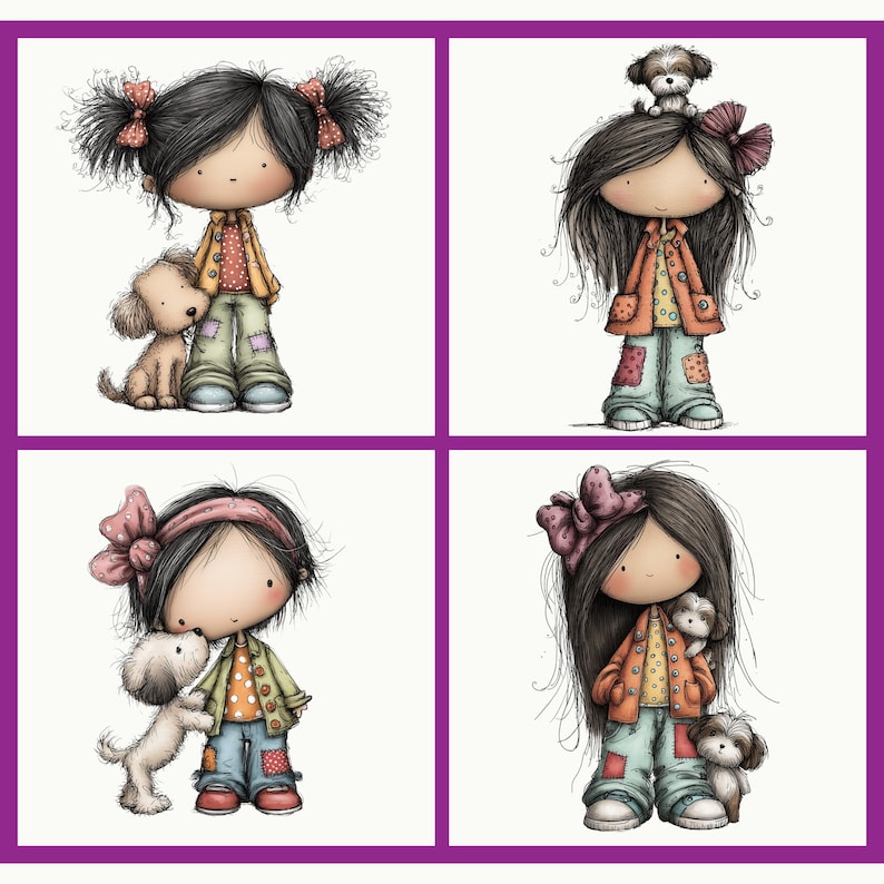 Puede incluir: Cuatro paneles de ilustraciones caprichosas con ni&ntilde;as y perros. Cada ni&ntilde;a lleva una chaqueta, una camisa de lunares y vaqueros con parches. Los perros son peque&ntilde;os y cari&ntilde;osos. Las ni&ntilde;as tienen el pelo oscuro y ojos grandes, con lazos en el pelo.