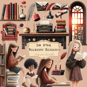 Puede incluir: Un collage de arte digital con una estética vintage que presenta libros, una máquina de escribir e ilustraciones de personas leyendo. Se muestra el texto "50 PNG Mulberry Academia clipart bundle". La paleta de colores incluye marrones, rojos y cremas.