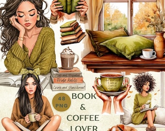 Aquarell Buchliebhaber Clipart: Gemütlicher Herbst Lese PNG Set (Digitaler Download)