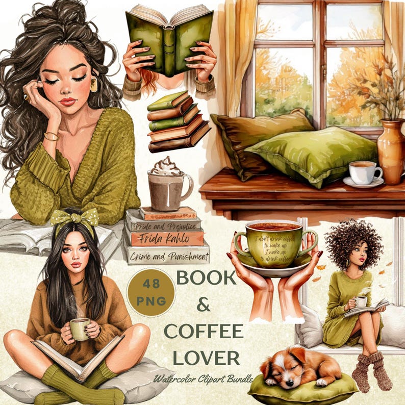 May include: Watercolor clipart bundle featuring illustrations of women reading books, drinking coffee, and a sleeping puppy. Includes stacks of books, coffee cups, and the text "Book & Coffee Lover". The bundle contains 48 PNG images.
