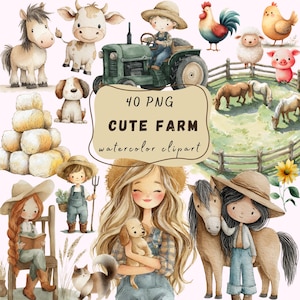May include: Watercolor clipart set featuring farm animals, children, and a tractor. The image includes a cow, horse, pig, sheep, and rooster. Text on the image reads "40 PNG CUTE FARM watercolor clipart."