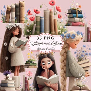 Wildflower Book Clipart Set: Cozy Reading PNG (Commercial Use)