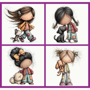 Puede incluir: Ilustraci&oacute;n de cuatro paneles con chicas de dibujos animados con perros. Cada chica lleva una chaqueta y vaqueros, y tiene un peinado &uacute;nico. Los perros son un lobo gris, un perro negro, un perro blanco esponjoso y un perro marr&oacute;n. El fondo es blanco con un borde morado.