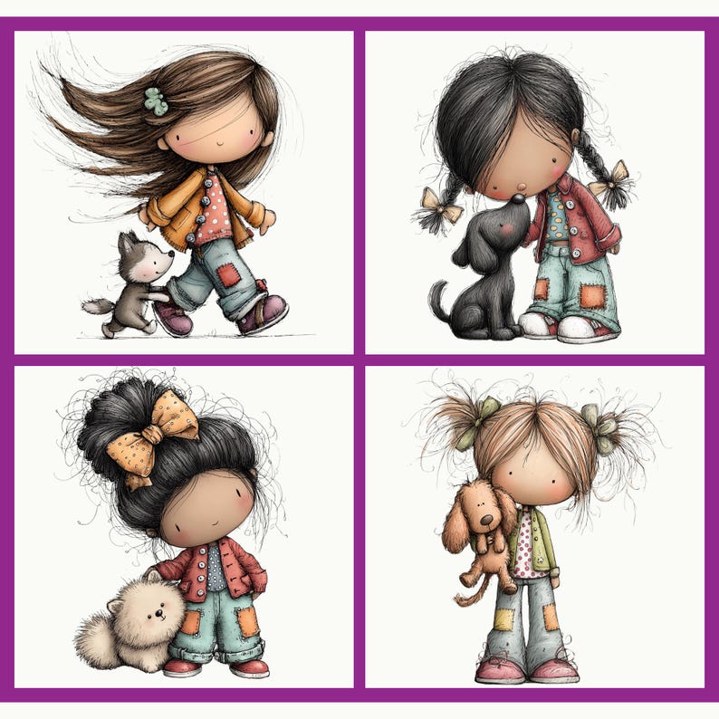 Puede incluir: Ilustraci&oacute;n de cuatro paneles con chicas de dibujos animados con perros. Cada chica lleva una chaqueta y vaqueros, y tiene un peinado &uacute;nico. Los perros son un lobo gris, un perro negro, un perro blanco esponjoso y un perro marr&oacute;n. El fondo es blanco con un borde morado.