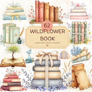 Wildflower Book Clipart PNG, Watercolor Book Lover Graphics, Reading Digital Download