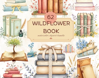 Wildflower Book Clipart PNG, Watercolor Book Lover Graphics, Reading Digital Download