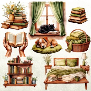 May include: Watercolor illustration featuring a cozy reading theme. Includes stacks of books, a cat on a windowsill, a sleeping puppy, a bookshelf, and a bed with green accents. A basket of blankets and a vase of flowers complete the scene.