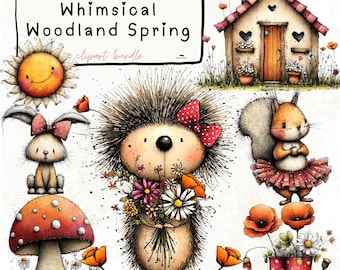 Whimsical Woodland Spring Clipart: Watercolor Forest Animals PNG, Woodland Creatures, Spring Nature Clipart, Commercial Use