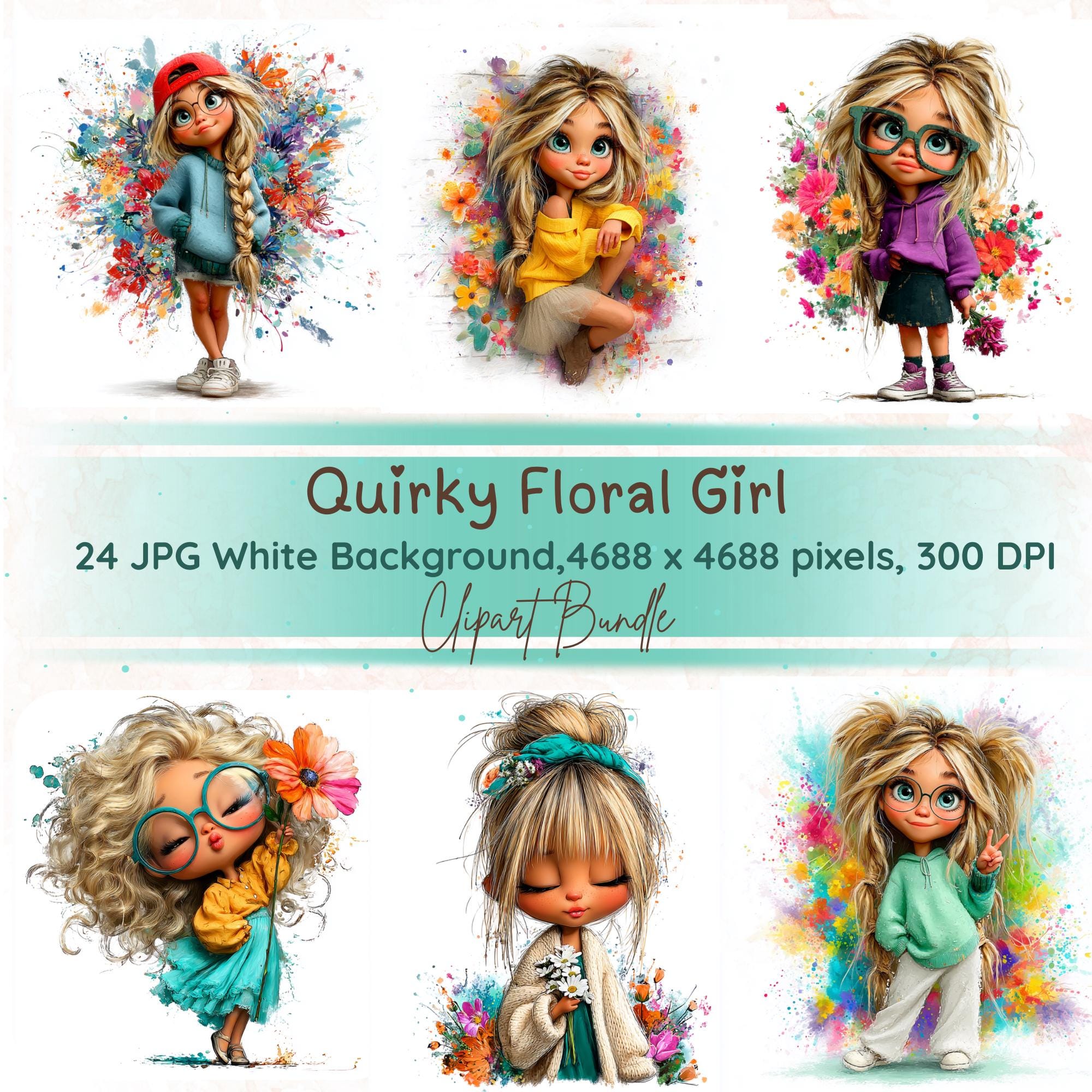 Quirky Girl Clipart: Watercolor Funny Flower Blonde Girl, 24 JPG, White ...