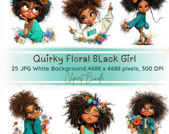 Imágenes prediseñadas de chica negra peculiar: Chicas afro con flores, ilustración divertida de chicas en acuarela, 25 JPG - Fondo blanco
