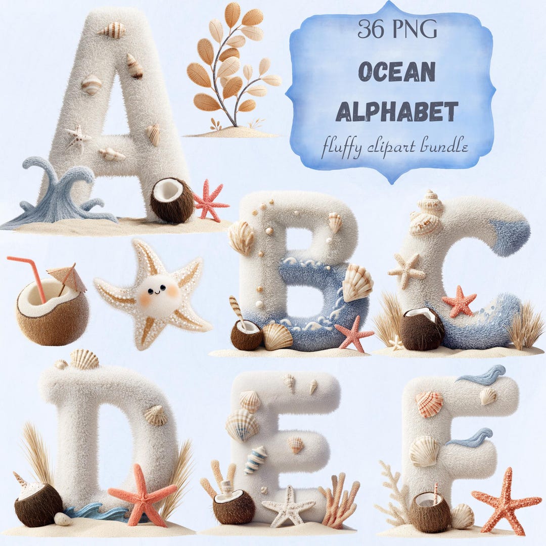 Ocean Alphabet Clipart: Whimsical Fluffy Letters and Elements ...