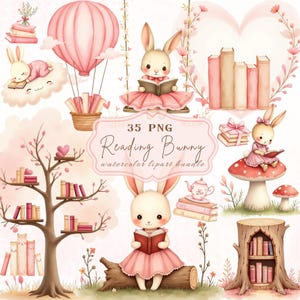 Watercolor Reading Bunny Clipart: Pink Bunny with Books, Nursery Art (35 PNG)