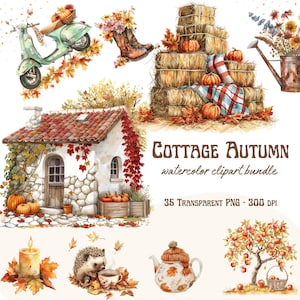 Autumn Watercolor Clipart Bundle | Fall Decor Elements & Transparent PNG Graphics | Commercial Use Included