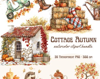 Autumn Cottage Watercolor Clipart Bundle – Fall Scenes, Cozy Elements ...