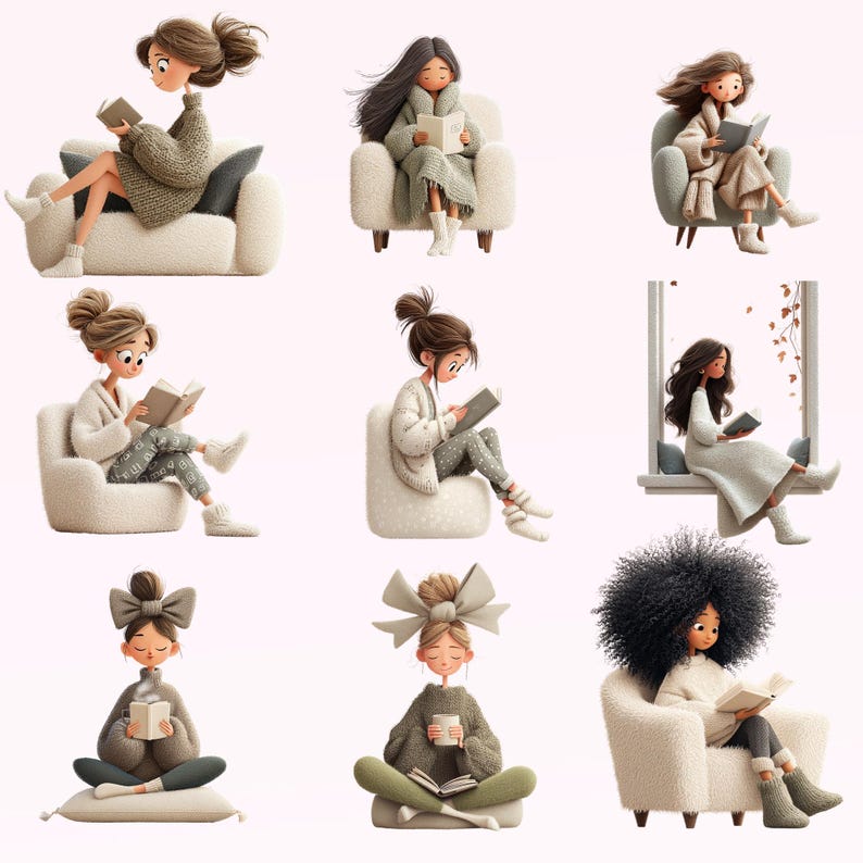 Pode incluir: Nove ilustra&ccedil;&otilde;es de pessoas lendo livros em ambientes aconchegantes. Os personagens s&atilde;o retratados em cores suaves, vestindo roupas confort&aacute;veis e cercados por m&oacute;veis macios. O tema geral &eacute; relaxamento e lazer.